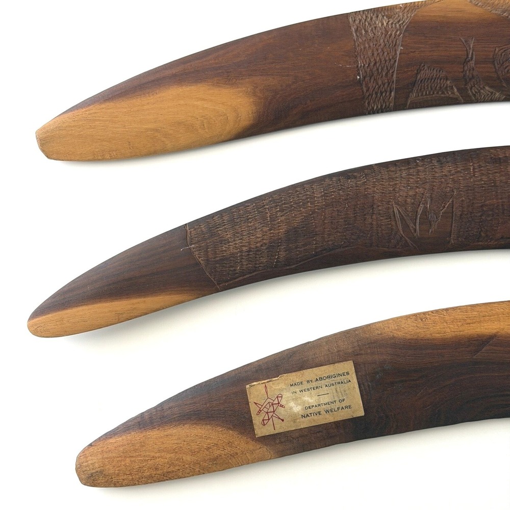 Vintage Aboriginal Boomerang Set of 3 Carved Wood W. Australia Native Welfare